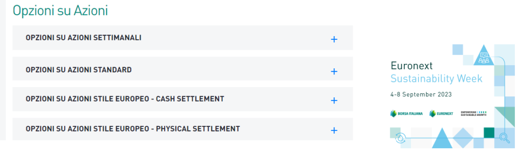 Opzioni disponibili su azioni su Borsa Italiana: settimanali, standard, stile europeo cash_settlement-physical_settlement
